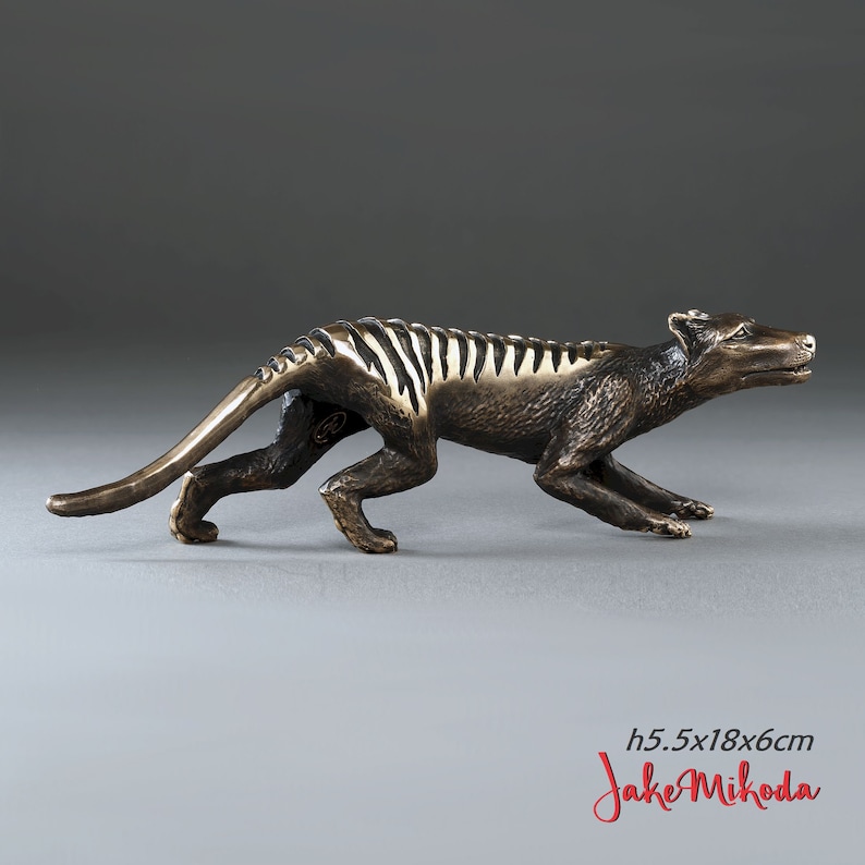 May include: Bronze sculpture of a Tasmanian tiger, also known as a thylacine, in a running pose. The sculpture is 5.5 inches tall, 18 inches long, and 6 inches wide. The sculpture is signed "Jake Mikoda".