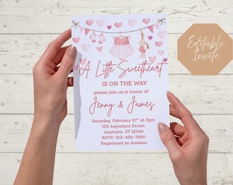 Girl Baby Shower Invitation Template, Sweetheart Valentines Theme: Instant Editable Digital Download