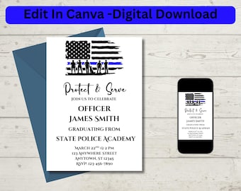 Police Graduation Invite from academy, Police Officer Celebration Invitation: Party Template, Instant Editable Download