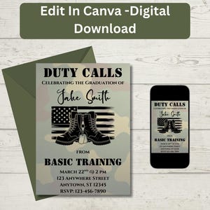 Könnte beinhalten: Eine digitale Einladungsvorlage für einen Abschluss mit Camouflage-Hintergrund, einer schwarz-weißen US-Flagge und einem Paar Militärstiefel. Der Text lautet Duty Calls, Celebrating the Graduation of Jake Smith from Basic Training.