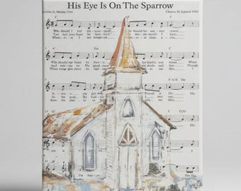 His Eye Is On The Sparrow canvas art print, Hymn sheet art, Christian home decor gift, Church song art,  Church canvas art print