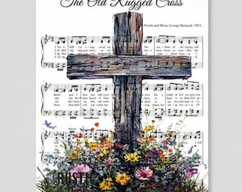 Old Rugged Cross canvas wall art, hymnal print, Rustic Christian hymn print, Farmhouse faith decor, Vintage Sheet Music Cross wildflowers