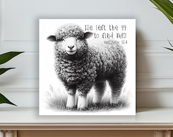Scripture canvas art block, He Left the 99, Christian Home decor, Shelf sitter, Easter art, Matthew 15, Original art sheep, Mother's day