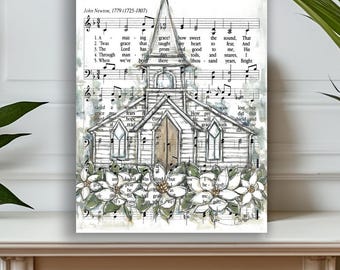 Vintage hymn canvas art print, Old church art decor, Country house, Christian home wall decor,  Amazing Grace sheet music,  Gifts for her