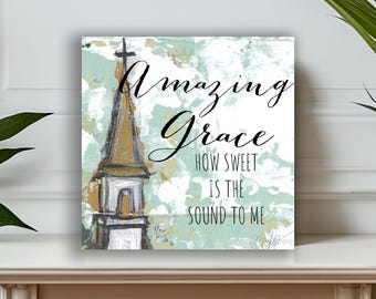 Christian home Decor, Amazing Grace art block, Memorial gift, Tabletop decor, Tiered tray accessory, Small home accessory, Christian art