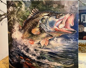 Largemouth bass canvas art print, masculine home decor, home office wall art, gift for him, Florida home accessory, Lakehouse wall decor