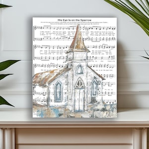 His Eye Is On The Sparrow canvas art print, Hymn sheet art, Christian home decor gift, Church song art,  Church canvas art print