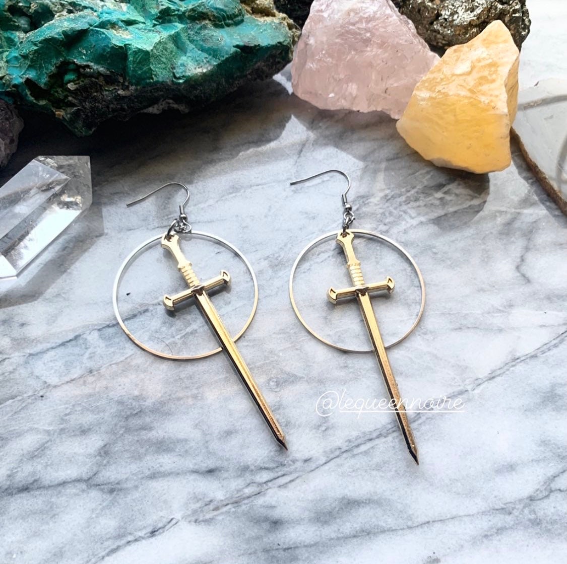 Gold Sword Hoop Earrings