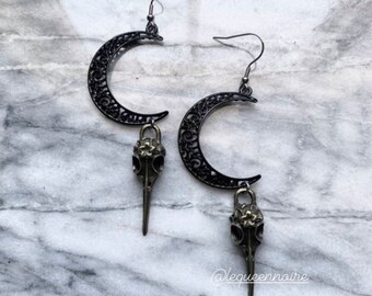 Black Lace Moon Skull Earrings - Bronze