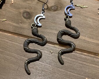 Snake Moon Earrings - Bronze with silver moon