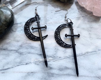 Black Lace Moon Sword Earrings