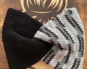 Knitted Two Tone Ear warmer | Ladies Headband | Twisted Headband | Turban Ear Warmer | Headband for Women | BLACK WHITE and GRAY multi