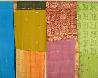 Indian Vintage Silk Sari Multicolor Curtain Handmade Patchwork Door Window Drape Home Decor Recycled Curtain 85"CT129