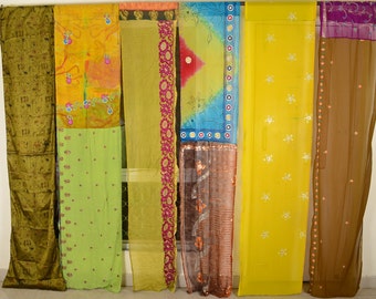 Indian Vintage Silk Sari Multicolor Curtain Handmade Patchwork Door Window Drape Home Decor Recycled Curtain 85"CT125