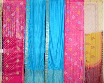 Indian Vintage Silk Sari Multicolor Curtain Handmade Patchwork Door Window Drape Home Decor Recycled Curtain 85"CT128