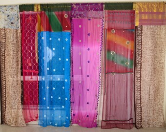 Indian Vintage Silk Sari Multicolor Curtain Handmade Patchwork Door Window Drape Home Decor Recycled Curtain 85"CT126