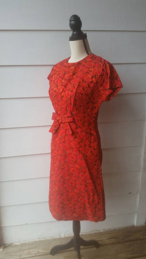 1960s Red Floral Tapestry Dress || Large || Mad M… - image 10