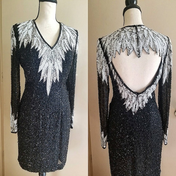 Vintage Black and White Beaded Dress || Oleg Cassini - Etsy Vintage Black and White Beaded Dress || Oleg Cassini - Etsy