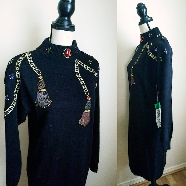 1980s Black Bedazzled Sweater Dress