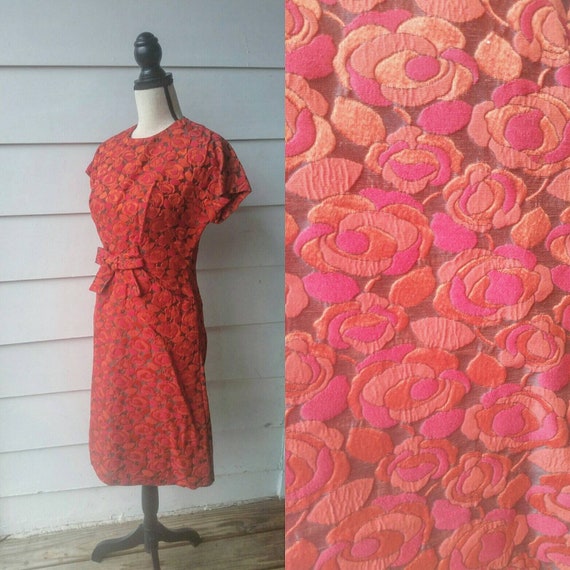 1960s Red Floral Tapestry Dress || Large || Mad M… - image 1