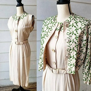 1940s Tan Three Piece Set || Green Embroidery || Queen Make Fashions