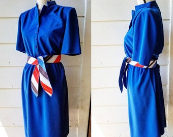 1980s Blue Dress with Striped Belt || Leslie Fay
