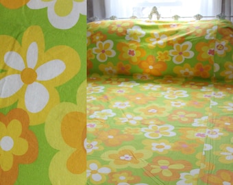 1970's TWIN FLORAL BEDSPREAD colorful flower power bedding bright vintage linens green yellow orange boho girls room, lightweight kids room