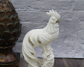 1970's CERAMIC BIRD FIGURINE, 11.5" tall,  mcm Syrocco Hollywood Regency white /gold cockatiel  table decor, mid century asian art rooster