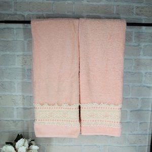 1980&#39;s PEACH BATH TOWELS set of 2 crochet lace trimmed towels for vintage bathroom grandma cottage core decor self care gift for her