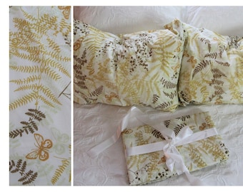 1970's QUEEN/FULL FLAT sheet and two pillowcases large gold butterflies vintage percale bedding, colorful linens,cottage core decor