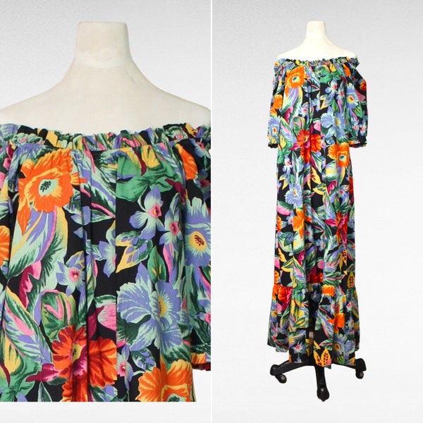 1980’s BIG FLORAL MAXI dress can be worn off the shoulder, orange purple red hibiscus flower muumuu tunic vacation clothes made in Hawaii