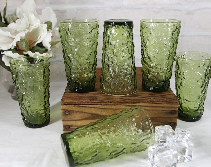 1970's AVOCADO GREEN GLASSES Set of 6 Lido Milano Crinkle Tumblers