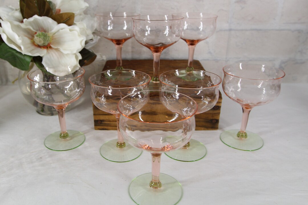 VINTAGE PINK URANIUM Stem Champagne Glasses Set of 4 Pink Watermelon