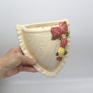 ROSE WALL POCKET pink and yellow roses on ceramic ruffled cream vase vintage gift for wedding bridesmaid coquette shabby cottage core decor
