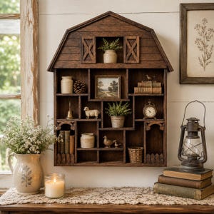 May include: A dark brown wooden wall shelf shaped like a barn with multiple cubby compartments. The shelf displays various decorative items including small potted plants, books, a clock, a bell, a sheep figurine, and bird figurines within the sections.