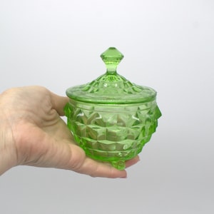 VINTAGE URANIUM GLASS depression era candy dish with lid glow glass circa 1930 vintage table decor green glass box cubist pattern