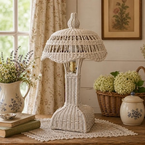Vintage witte rieten lamp | Cottage kernlamp | Shabby Chic rotan Coastal Home