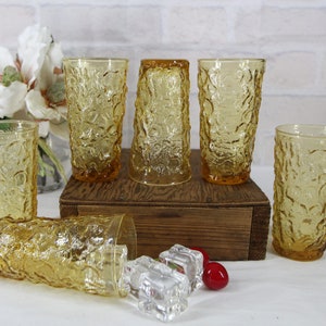 1970's HARVEST GOLD GLASSES set of 6 Lido Milano crinkle tumblers, retro gold mid century  kitchen drinking glasses for groovy home decor