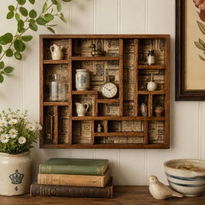 Vintage Cottage Wall Curio | Glass Front Display Cabinet | Farmhouse Shelf Decor | 21" x 17"