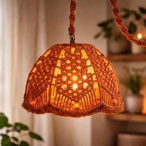 Vintage Orange Macrame Swag Lamp | 70's Hanging Ceiling Light | Boho Cozy Decor