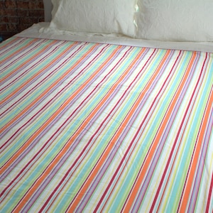 1970s TWIN FLAT SHEET red orange blue striped mid century bedroom abstract pop art vintage top sheet retro atomic era decor or sewing fabric