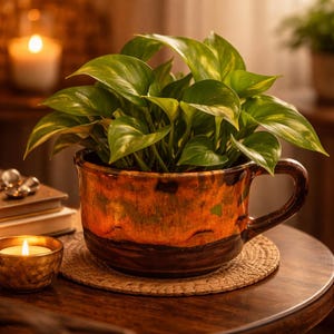 May include: A vibrant green pothos plant in a large, handcrafted ceramic mug-shaped planter. The planter features a warm color palette of orange, brown, and green, with a handle. The plant sits on a round woven coaster on a wooden table.