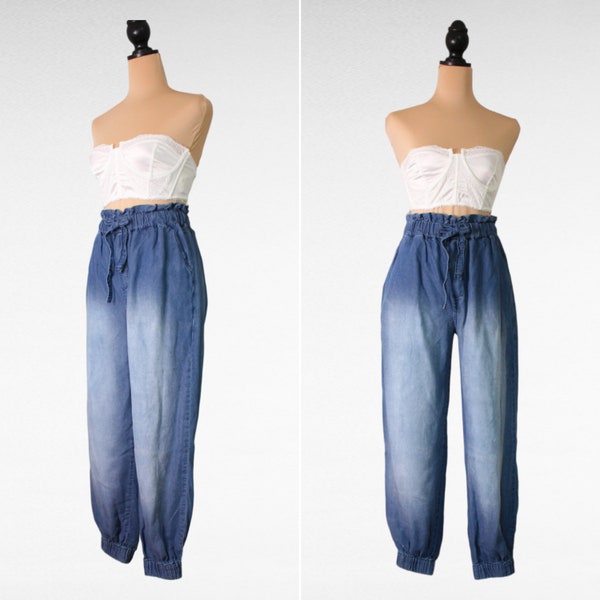 1990's PAPER BAG WAIST pants in lightweight distressed fabric, high waist jogger jeans for retro casual loungewear gift for her summer pants