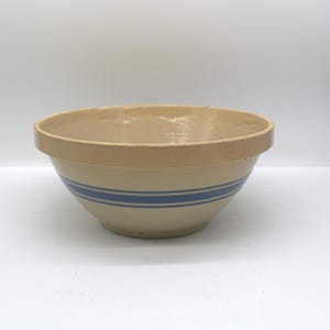 VINTAGE YELLOW WARE bowl | 1980s Stoneware Pottery | Blue Stripe Mixing Bowl |  11.5&quot; Large | Cottage Core Kitchen Farmhouse Country Cook