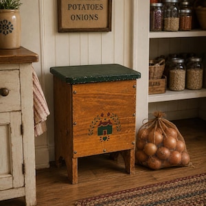 May include: A rectangular wooden storage bin with a dark green lid and a natural wood finish body. The front panel features a painted graphic of a small house surrounded by green leaves and a heart. The bin stands on four short legs.