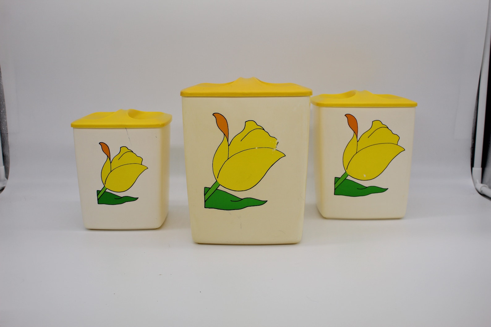 1970's TULIP KITCHEN CANISTERS, Yellow Set of 3 Plastic Kitchen Storage ...
