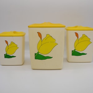 1970er Jahre TULIP KÜCHENBEHÄLTER, gelber Satz von 3 Plastikbehälter, Vintage Kaffeeteemehlbehälter Mitte des Jahrhunderts nach Hause Gamper Camper Retro