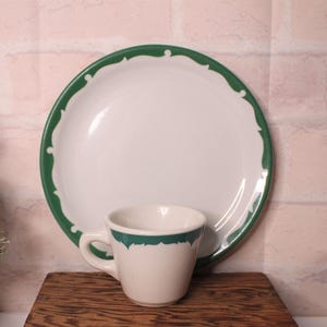 VINTAGE RESTAURANT WARE set  stoneware 1 coffee cup and 1 dinner plate teal green graphic,1940&#39;s-1970&#39;s diner mugs, vintage restaurant ware