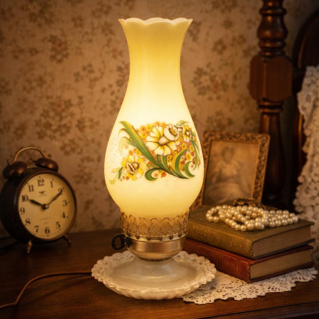 1970s Milk Glass Hurricane Lamp: Yellow Floral, Farmhouse Decor