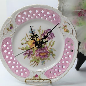 WALL CLOCK porcelain plate clock one of a kind pink lattice hanging wall clock roses romantic shabby cottage core grandma mom kitchen gift